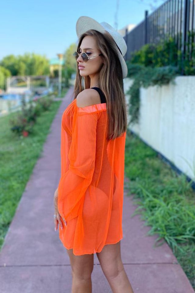 Reducere Rochie din plasa Floridas, cu maneca lunga si croiala lejera, Orange, Marime universala S/M - imagine 2