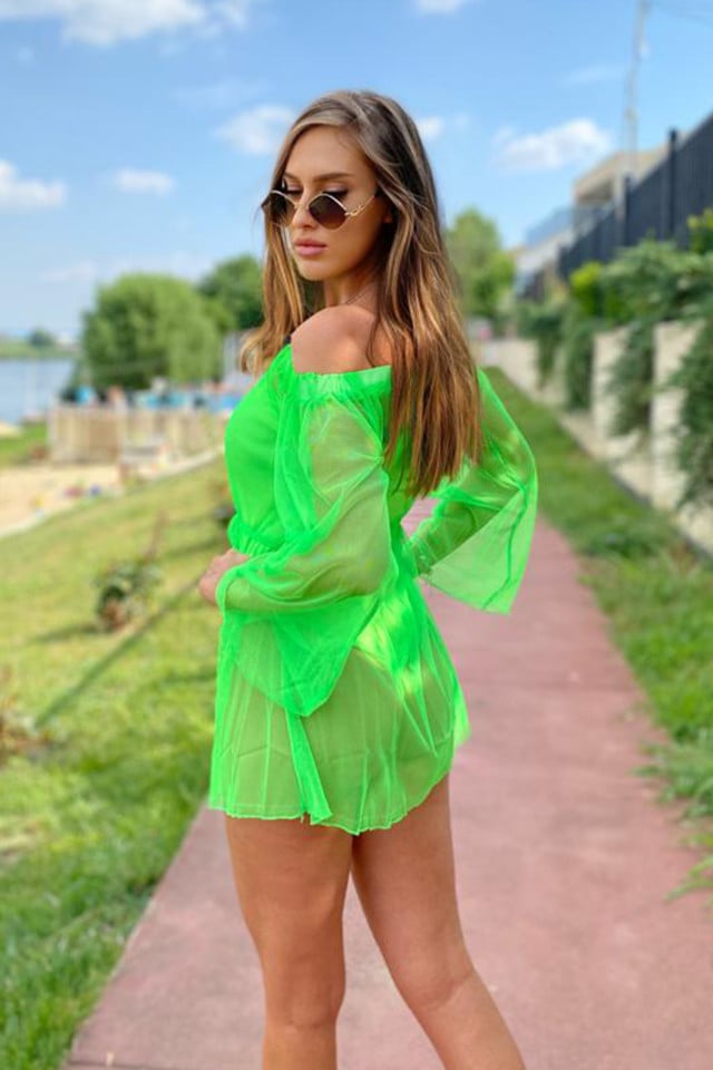 Reducere Rochie din plasa Floridas, cu maneca lunga si croiala lejera, Verde, Marime universala S/M - imagine 2