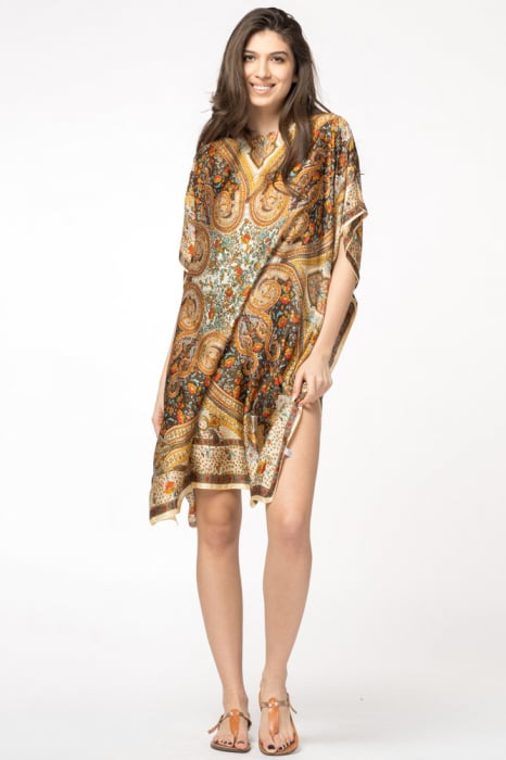 Rochie de plaja tip poncho din matase cu motive orientale