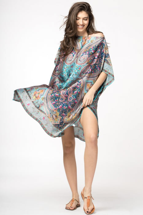 Rochie de plaja tip poncho din matase cu motive orientale