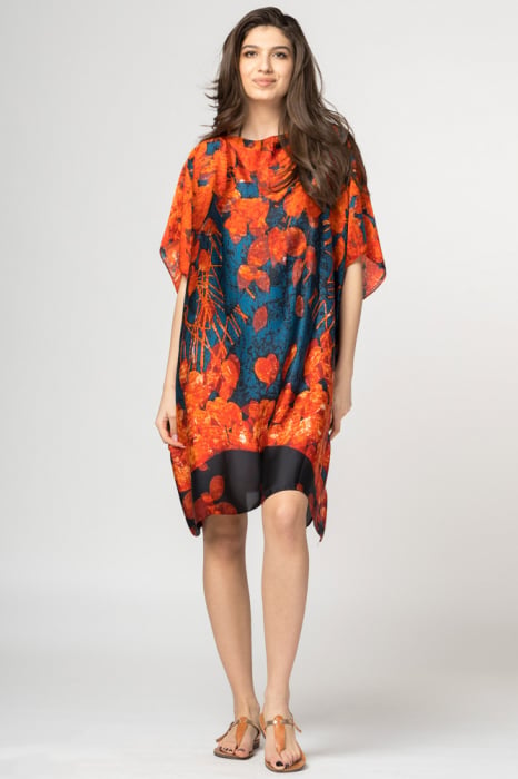 Rochie de plajă tip poncho din mătase cu motive florale
