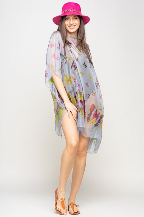 Rochie de plaja tip poncho cu fluturi pe fond gri