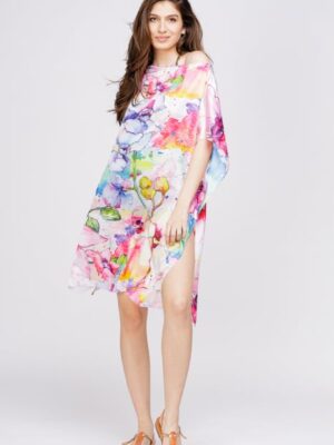 Rochie de plajă tip poncho din mătase cu flori pastelate