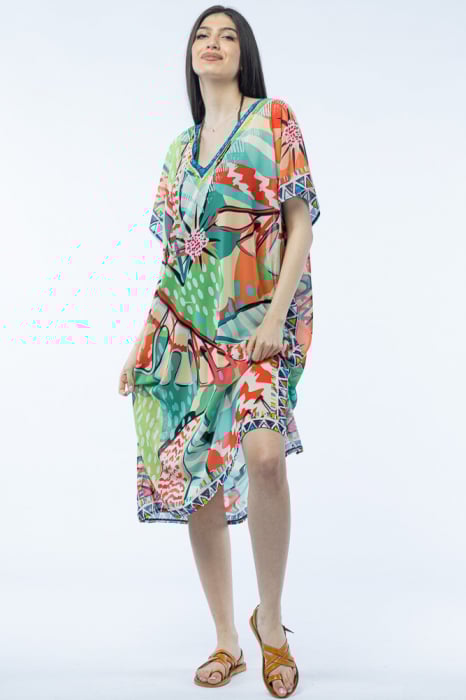 Rochie lungă de plajă tip poncho cu motive florale