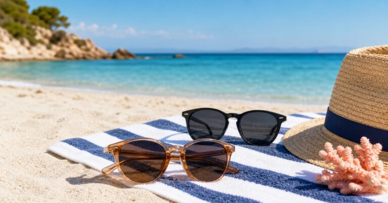 Ochelari de soare pregătiți pentru o vacanță la mare