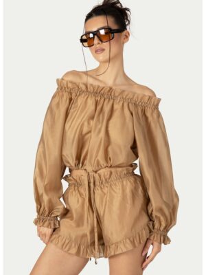 Set de bluza vapooasa de plaja si pantaloni scurti - 2 piese - Maro camel
