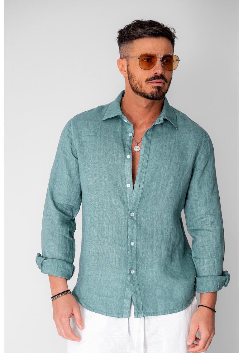 Camasa din 100% In de plaja Dark Olive 20738 - Verde masliniu inchis