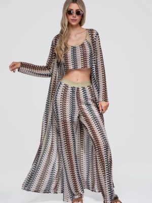 Kimono de plaja lung pentru femei - design lejer - cu maneci lungi si talie ajustabila OW-UW-E0001 - Maro