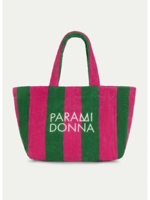 Geanta de plaja din bumbac cu dungi - Verde/Fucsia