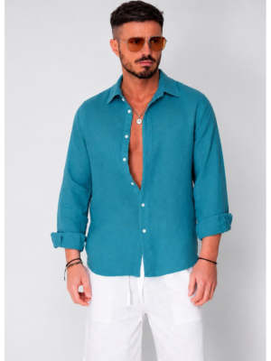 Camasa din 100% In de plaja Turquoise Petrol 22191 - Turcoaz