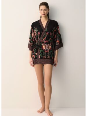 Chimono cu model floral pentru plaja - Rosu/Verde/Negru