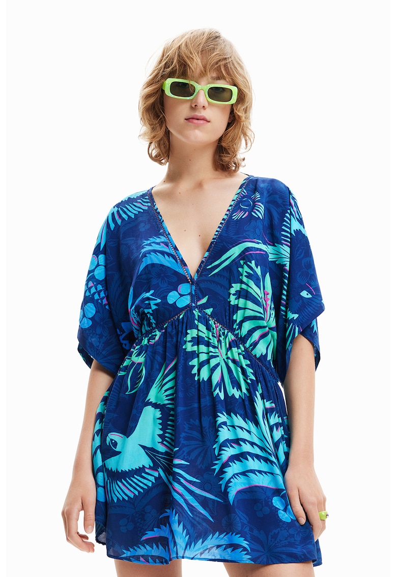 Rochie cu decolteu in V si imprimeu tropical pentru plaja - Verde/Albastru inchis