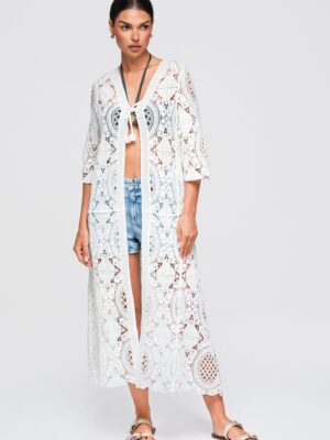 Kimono de plaja lung pentru femei - decolteu in V - maneci 3/4 - crosetat - ONESIZE OW-SW-E0004 - Alb - ONESIZE