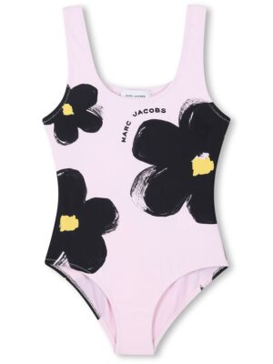 Costum de baie intreg cu model floral - Negru/Roz pal
